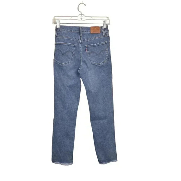 Levi's Premium Jeans 724 High Rise Slim  Straight Crop Jean Blue Raw Hem Size 25 - Picture 7 of 16